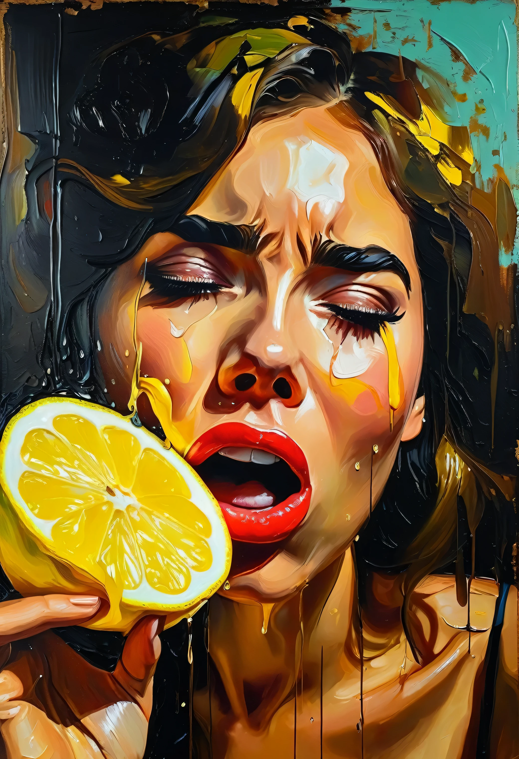 beautiful girl with her mouth wide open eats a slice of lemon, the acid of the lemon brings tears to your eyes, ((tears from eyes!!!)) face of disgust (in the Coby-Whitmore style), noir impressionism , ((Palette / oil painting)), ((masterpiece)), impression ,Extreme detail, perspective, 8K