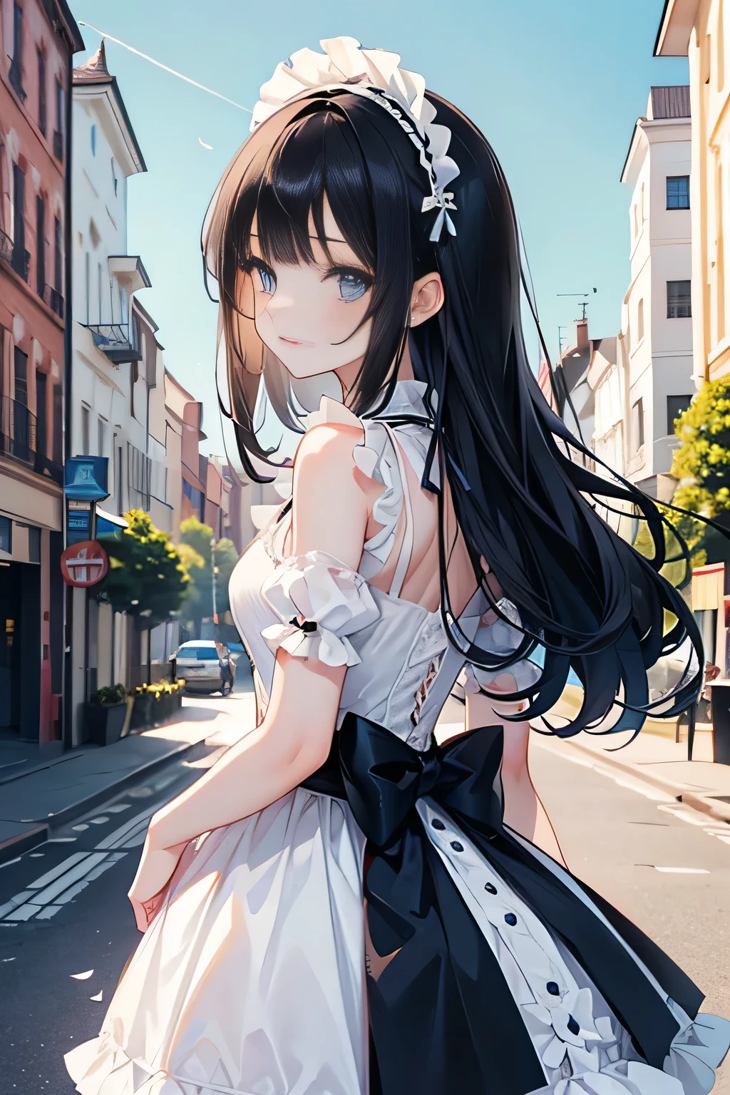 (Vulgar,nsfw),(skirt lift,very windy),(beautiful elegant white panties),very low angle,from below),
(beautiful elegant white panties), (looking back at the viewer),♥(sexy mini dress lolita gothic costume),((1girl,cute,young,semi long beautiful black hair,blunt bangs,pony tale,beautiful blue eyes)),(solo),((masterpiece, highest resolution,best quality)), (beautiful illustration),(lolita gothic costume),(looking back at the viewer), innocent smile,cinematic lighting,beautiful modern cafe,big city,flowers,buildings,blue sky