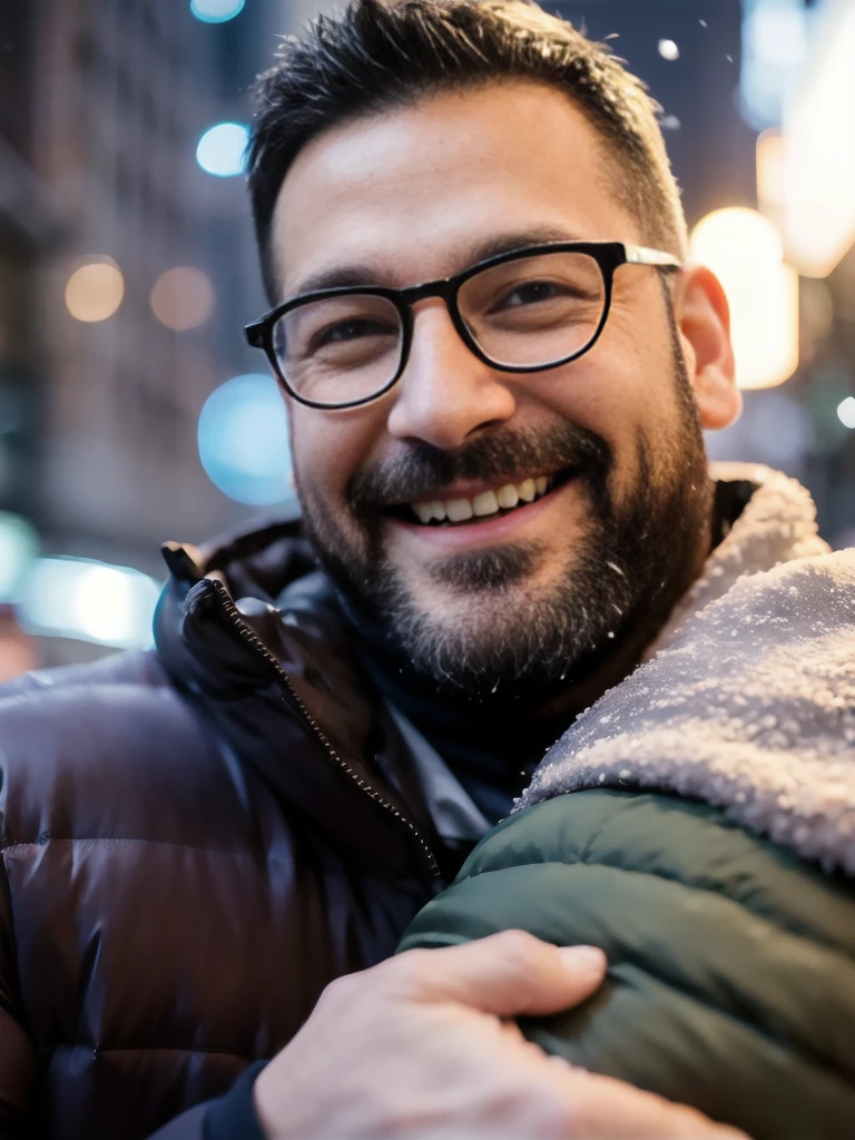 Award-winning original photo，(2 people), Wild muscle man, (40 year old dad:1.1), beard, Burly, Macho, Jacket, Big bulge，Excellent J8，Smiling happily, One of the men wearing glasses, standing on a snow city streets, Cold atmosphere, snow, Embrace, detailed, charming, Close-up of face，Perfect hand details