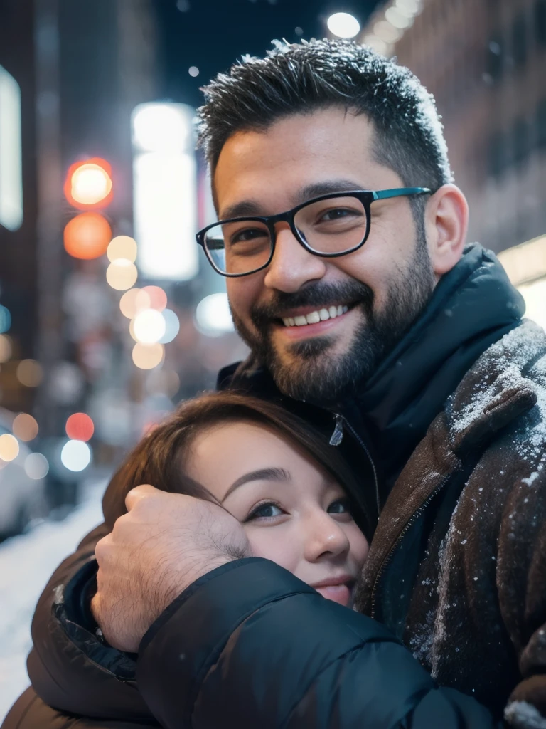 Award-winning original photo，(2 people), Wild muscle man, (40 year old dad:1.1), beard, Burly, Macho, Jacket, Big bulge，Excellent J8，Smiling happily, One of the men wearing glasses, standing on a snow city streets, Cold atmosphere, snow, Embrace, detailed, charming, Close-up of face，Perfect hand details