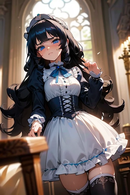 (masterpiece, best quality), warm lighting, blurry foreground, ((White ruff)), 1 girl, cowboy shot, ((victorian outfit)), (lolita attire), (((fluffy hair))), makeup, finely detailed, (best quality), (intricate details), ((Long jet black hair)), ((Hair is fluffy)), best quality, ((Puffy long sleeve dress)), (white ruff), ((Thigh high socks)), ((socks are white)), ((round eyes)), beautiful face, cute face, pinup, perfect face, (((blue eyes))), ((curly long hair)), ((disgusted expression)), Dress is long, (staring at POV in disgust)