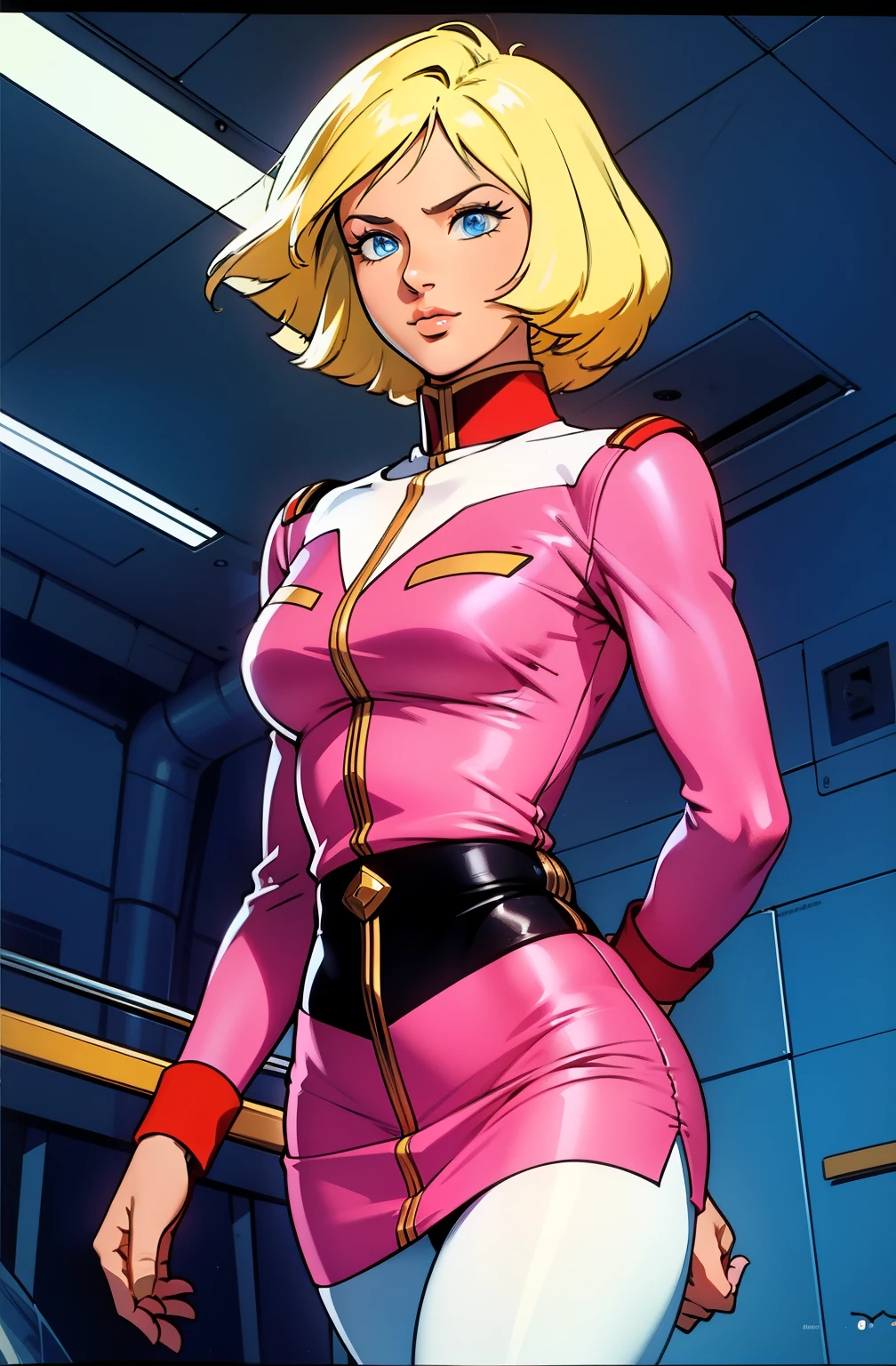 ((masterpiece)), ((cinematic lighting)), realistic photo、Real Images、Top image quality、1girl in, sayla mass, Elegant, masterpiece, Convoluted, slim arms, wide hips, thick thighs, thigh gaps, Best Quality, absurderes, high face detail, Perfect eyes, mature, Cowboy Shot, , Vibrant colors, soft pink uniform, soft pink Skirt, white tights, side view