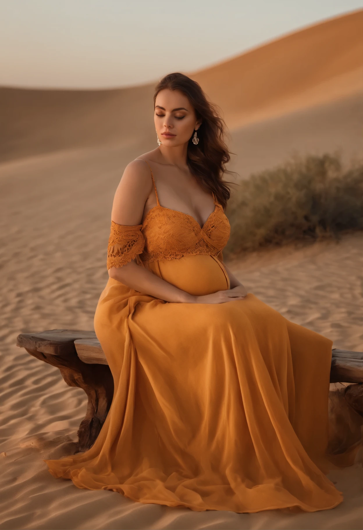 plump woman in a crochet midi dress sitting on a bench in the desert, Sophie Mudd portrait, soft 8k portrait photo, graceful sensual young woman, soft and intricate, ethereal beauty, close-up half body, beautiful young model, anna nikonova aka like newmilky, close up body shot, sensual young woman, beautiful delicate face, in the sand, big breasts, ((pregnant)), falling dress, glamorous photography 4k
