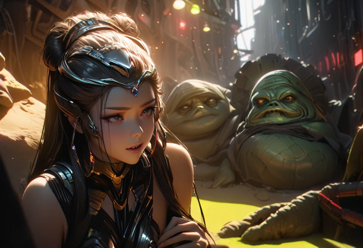 1girl, 1girl, princess leia, princess amidala, both 25 years old, both wearing sexy sci-fi metallic bikinis, unhappy expressions, lemon eating challenge, jabba the hutt, chortling, filming, high quality, 8k, photorealistic, intricate details, dramatic lighting, cinematic composition, science fiction, dystopian, neon colors, high contrast