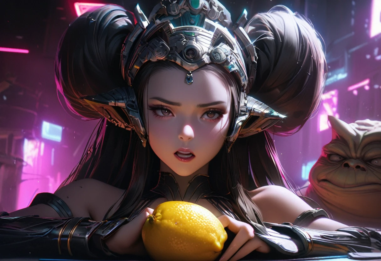 1girl, 1girl, princess leia, princess amidala, both 25 years old, both wearing sexy sci-fi metallic bikinis, unhappy expressions, lemon eating challenge, jabba the hutt, chortling, filming, high quality, 8k, photorealistic, intricate details, dramatic lighting, cinematic composition, science fiction, dystopian, neon colors, high contrast