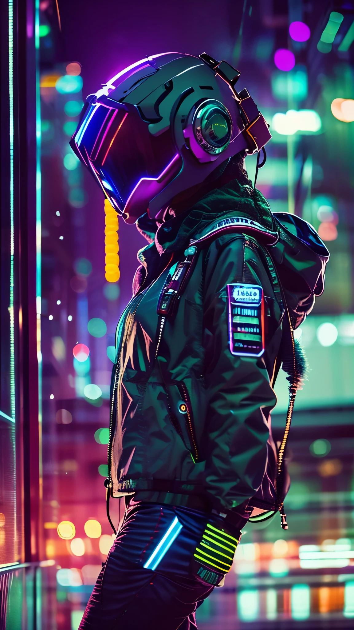 (good structure),high dynamic range,ultra high definition,8k,1 girl,blurred background,cyberpunk protective clothing,cyberpunk protective helmet,Glowing helmet,Neon lamp,neon color,oblique body,night,Mask screen reflections,depth of field,Upper body,cyberpunk,ground vehicle,lamp,neon lamp,pilot suit,alone