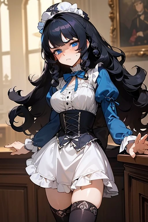 (masterpiece, best quality), warm lighting, blurry foreground, ((White ruff)), 1 girl, cowboy shot, ((victorian outfit)), (ta attire), (((fluffy hair))), makeup, finely detailed, (best quality), (intricate details), ((Long jet black hair)), ((Hair is fluffy)), best quality, ((Puffy long sleeve dress)), (white ruff), ((Thigh high socks)), ((socks are white)), ((round eyes)), beautiful face, cute face, pinup, perfect face, (((blue eyes))), ((curly long hair)), ((disgusted expression)), Dress is long, (staring at POV in disgust)