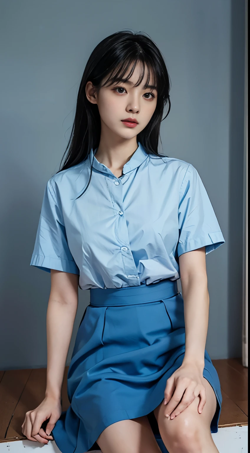 8k, Raw photo, highest quality, masterpiece:1.2), masterpiece, highest quality, figure, Very detailed, Fine details, High resolution, 8k,wallpaper, Perfect dynamic composition,(Detailed high quality, Realistic depiction of eyes:1.3)、A woman who has been  and tied up、Standing in a bright room、Facing forward、２１talent、Beauty、Well-formed face、Make your eyes even、Beautiful black hair、Has bangedium build、Well-balanced proportions、Beautiful legs、Blue short-sleeved shirt、Light blue long skirt、Like real life、highest quality、