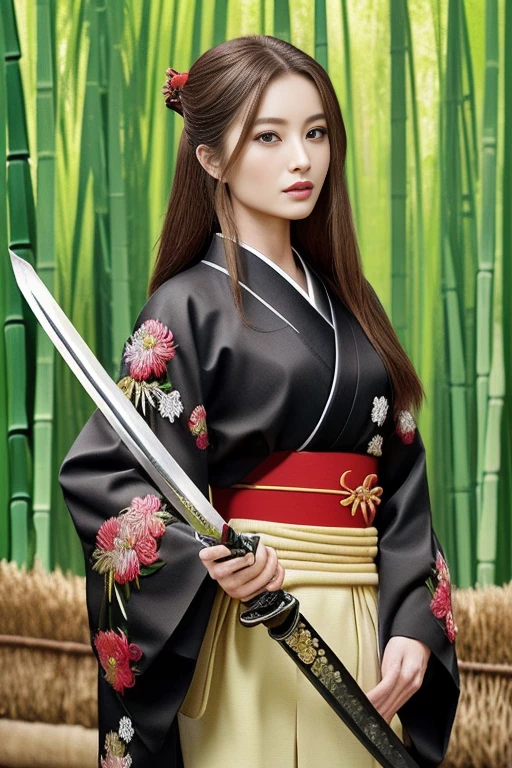 ((highest quality)), ((masterpiece)), (detailed), Perfect Face、Beautiful costumes(High-end kimono(Black kimono(Detailed embroidery)、Japanese sword、Bamboo grove、Brown Hair、A beautiful samurai woman in a kimono with long flowing hair, Capture strength and grace, Backgrounds that make your character stand out, Japanese sword, Courage and beauty、bamboo forest、Hold the sword、Hairstyle: Long hair、Brown Hair