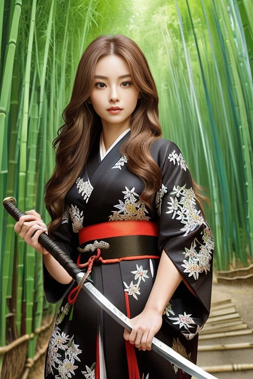 ((highest quality)), ((masterpiece)), (detailed), Perfect Face、Beautiful costumes(High-end kimono(Black kimono(Detailed embroidery)、Japanese sword、Bamboo grove、Brown Hair、A beautiful samurai woman in a kimono with long flowing hair, Capture strength and grace, Backgrounds that make your character stand out, Japanese sword, Courage and beauty、bamboo forest、Hold the sword、Hairstyle: Long hair、Brown Hair