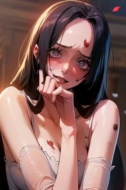 best quality, masterpiece, highly detailed,1girl, ((rose)), (vine), cage, bandage, red rope, (detail light), falling rose petals, Boa Hancock, , (masterpiece:1.5), Detailed Photo, Smiling, Sexy, (8K, Best Quality: 1.4), (1girl), Beautiful Face, (anime realistic Face), (Black Hair, long Hair: 1.3), Beautiful Hairstyle, Realistic eyes, beautiful detail eyes, (white skin), beautiful skin, absurd, attractive, ultra high resolution, ultra realistic, high definition, golden ratio, (sexually aroused:1.5), Pinkish white skin, cool white light, sexy pose, Beautiful , white background, pink soft white light, Wear a white dress, sexy armpit, black lace bra, (zombie girl:1.6), (breeding:1.6), (cute dead girl:1.5), (deadly eyes:1.8), (Eyes without sparkle1.7), pale skin, dead body, no life, (lifeless:1.5), (Wounds on the body:1.6), (dribbling:1.5), (red blood on body:1.3), (Bruise on the body:1.4)