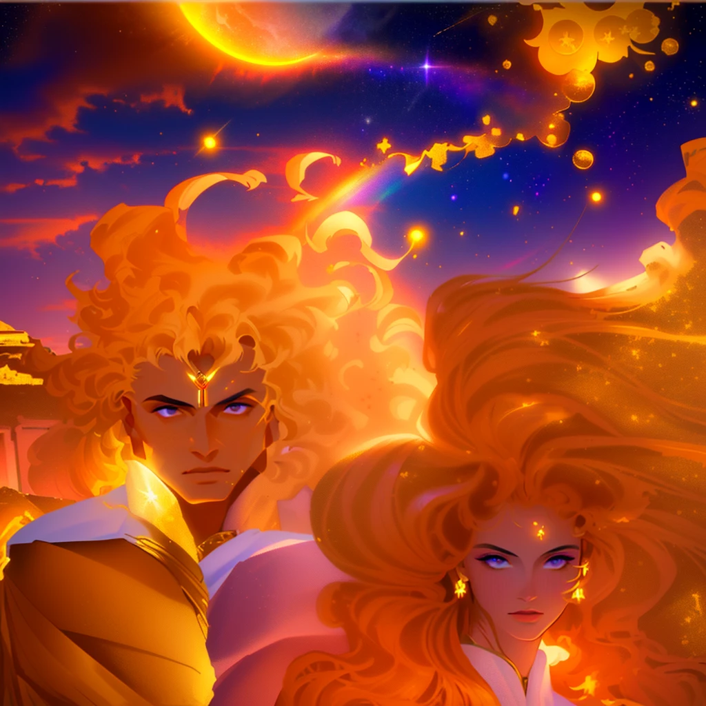 master piece, 8k detail, close up of a painting of a woman and a man, the man is the greek god of the Day (sunlight). his hair is on fire and he radiates light, he wears a gold tunic with gold Sun God medal on his right shoulder . the woman is the Goddess of Night, she has hair that is dark like outer space, with stars shinning in her hair strands. Her skin is the color of the full spectrum (rainbow), He is like Day, she is like Night. He is surrounded by light, she is surrounded by darkness.  Her hair is black, with night sky stars within her hair strands.  Half the image is light (him) half the image is night (her).  The background has the Parthenon plus mountains in the background.