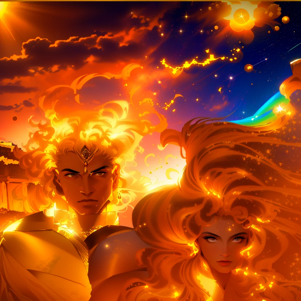 master piece, 8k detail, close up of a painting of a woman and a man, the man is the greek god of the Day (sunlight). his hair is on fire and he radiates light, he wears a gold tunic with gold Sun God medal on his right shoulder . the woman is the Goddess of Night, she has hair that is dark like outer space, with stars shinning in her hair strands. Her skin is the color of the full spectrum (rainbow), He is like Day, she is like Night. He is surrounded by light, she is surrounded by darkness. Her hair is black, with night sky stars within her hair strands. Half the image is light (him) half the image is night (her). The background has the Parthenon plus mountains in the background.