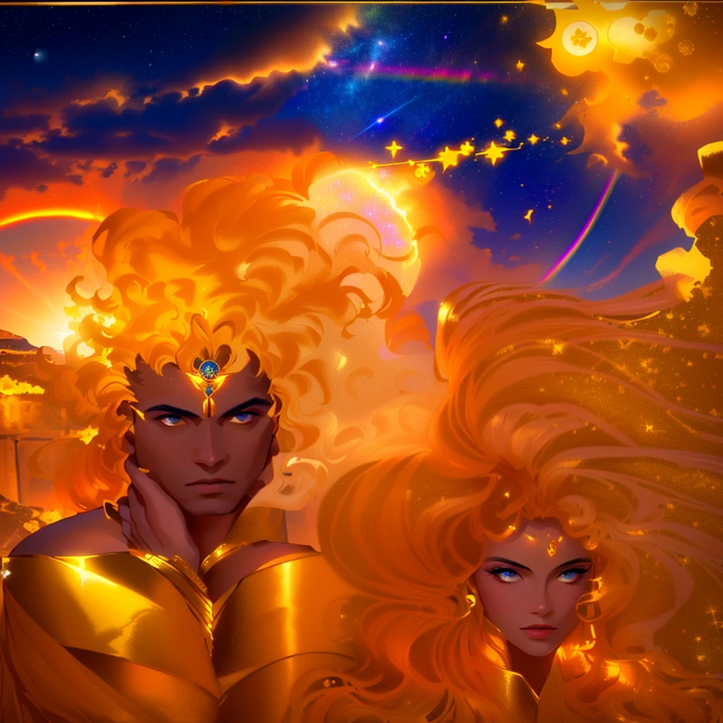 master piece, 8k detail, close up of a painting of a woman and a man, the man is the greek god of the Day (sunlight). his hair is on fire and he radiates light, he wears a gold tunic with gold Sun God medal on his right shoulder . the woman is the Goddess of Night, she has hair that is dark like outer space, with stars shinning in her hair strands. Her skin is the color of the full spectrum (rainbow), He is like Day, she is like Night. He is surrounded by light, she is surrounded by darkness. Her hair is black, with night sky stars within her hair strands. Half the image is light (him) half the image is night (her). The background has the Parthenon plus mountains in the background.
