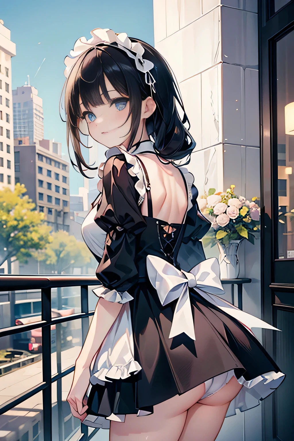 (Vulgar,nsfw),
(beautiful elegant white panties), (looking back at the viewer),♥(sexy mini dress lolita gothic costume),((1girl,cute,young,semi long beautiful black hair,blunt bangs,pony tale,beautiful blue eyes)),(solo),((masterpiece, highest resolution,best quality)), (beautiful illustration),(lolita gothic costume),(looking back at the viewer), innocent smile,cinematic lighting,beautiful modern cafe,big city,flowers,buildings,blue sky