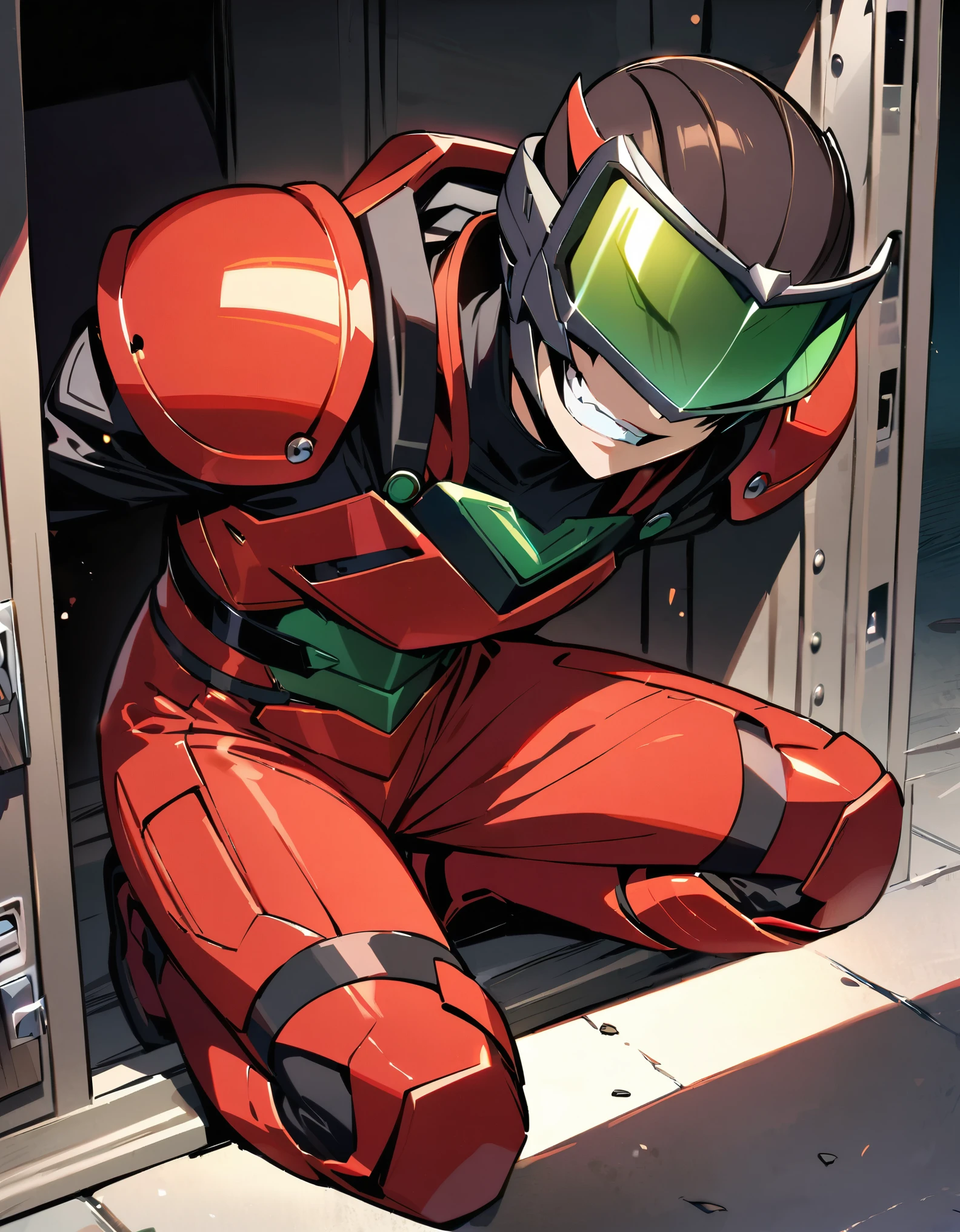 masterpiece, best quality, 1boy, male focus, supervillain, solo, red bodysuit, shoulder pads, armored suit, googles, opened bank vault, brown hair, age 12, cute face, evil smile, full body