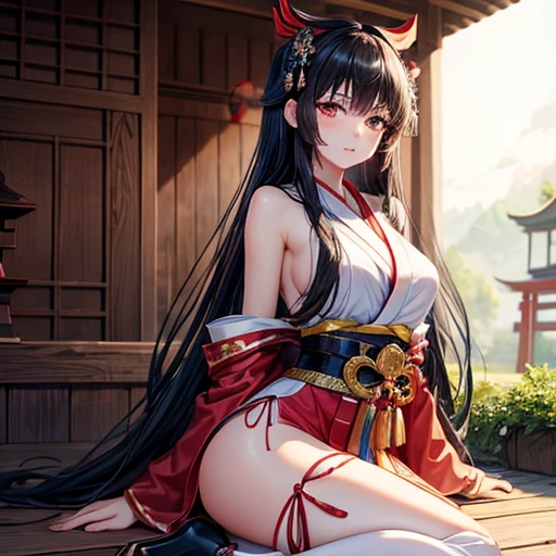 A black-haired woman wearing a shrine maiden outfit with leg slits