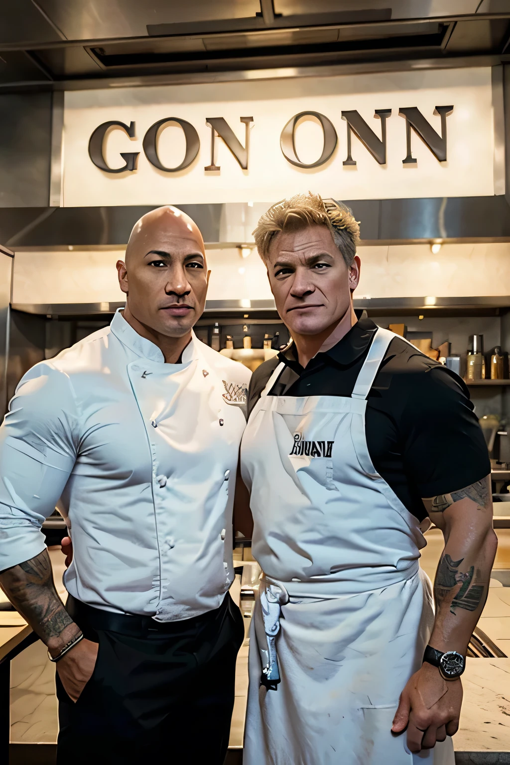 make a image of Dwayne the rock Johnson with chef Gordon Ramsey Infront of a sign that says "goon den"
