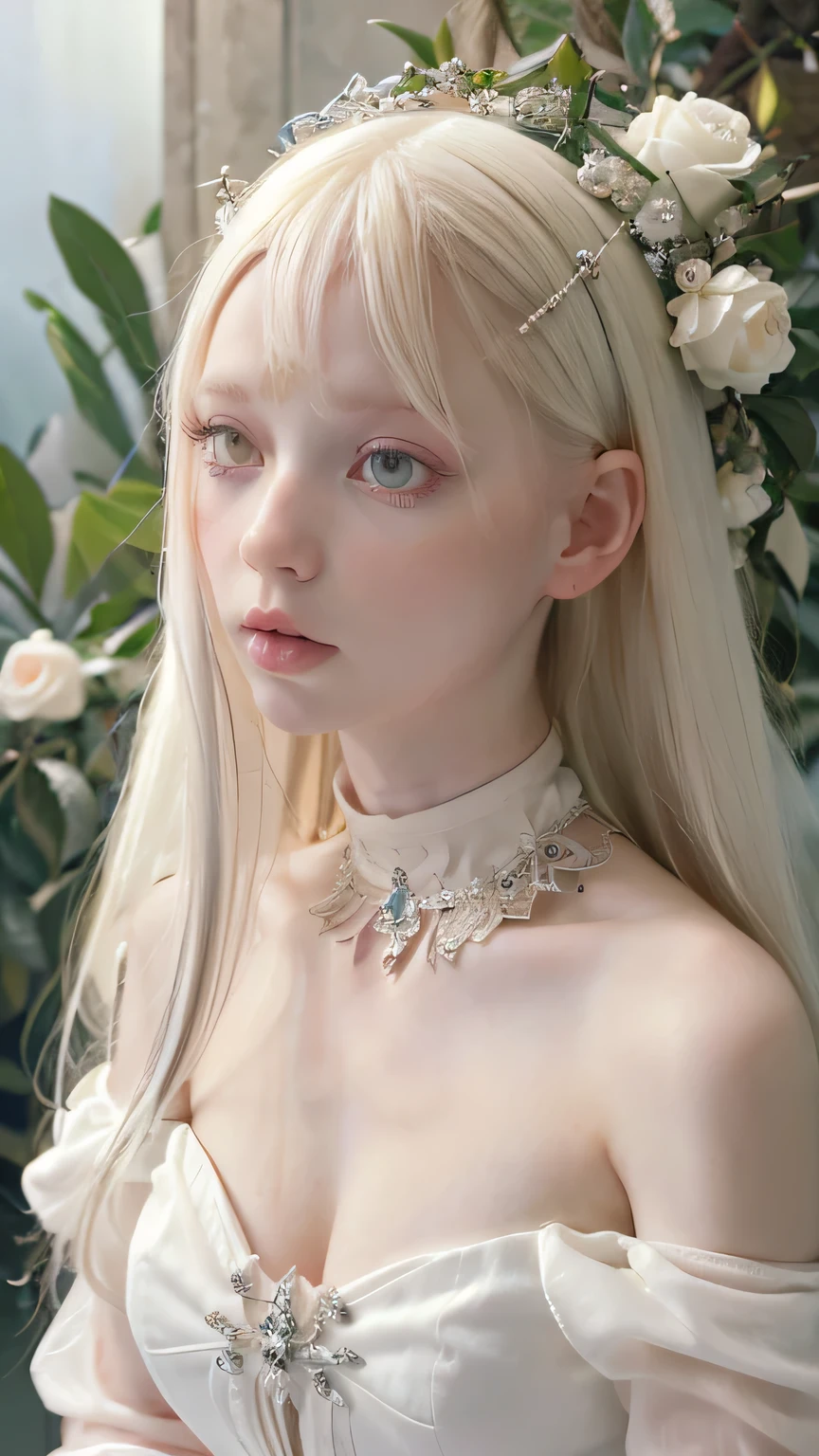 , Girls dressed in white with long hair, white skin and reflective eyes, natalie shau, portrait of albino mystic, with long white hair, albino white pale skin, with white long hair, inspired by Ignacy Witkiewicz, natalie shau tom bagshaw, inspired by Ray Caesar, white witch, monia merlo, pale goth beauty, pale white face, flowers, Lots of flowers, many flowors back, rose,