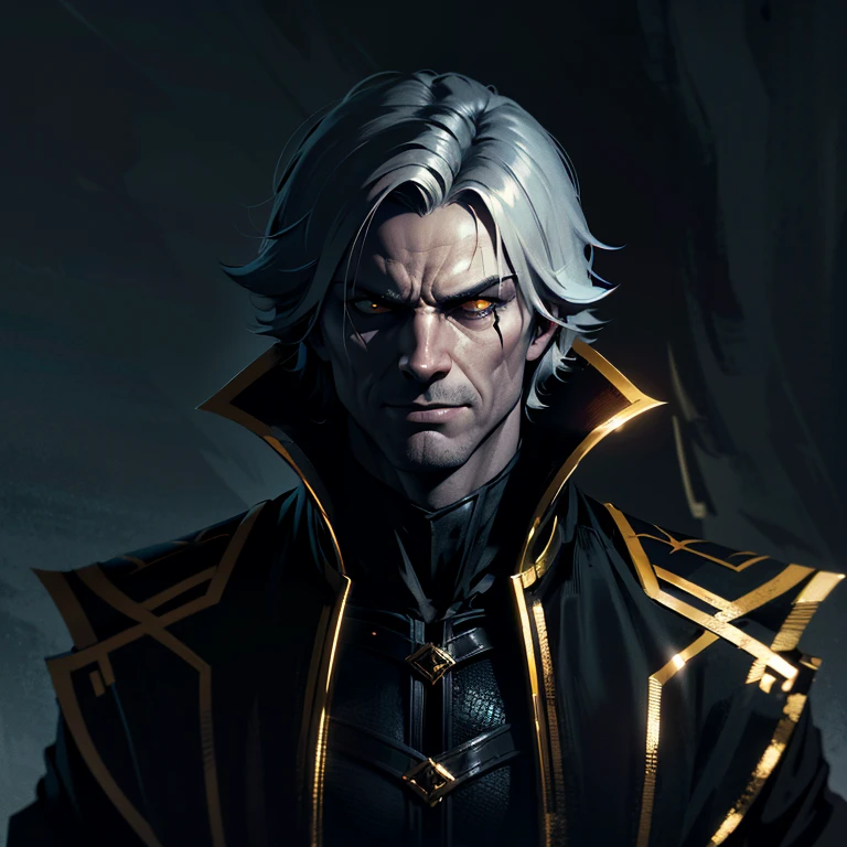 a man, narrow eyes:1 , sinister:1 , Evil:1 , black eyes, yellow pupils, facial expression lines, short hair with left side bangs, large villain smile, pale anime skin, ominous:1 ,highly contrasted, black overcoat, golden details, cinematic lighting, dark moody atmosphere, dramatic shadows, masterpiece, 8k, (best quality, 4k, 8k, highres, masterpiece:1.2), ultra-detailed, dark fantasy, concept art, chiaroscuro, dramatic lighting