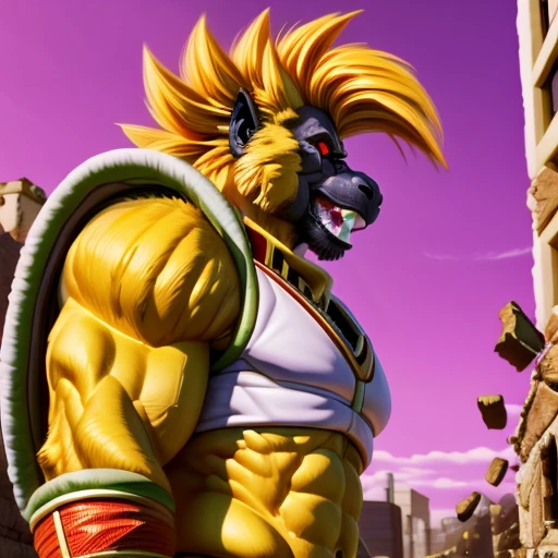 oozaru, bvegeta, yellow fur, long muzzle, gorilla, fauxhawk, prick ears, red eyes, glowing eyes, no pupils, no sclera, teeth, fangs, purple tongue, broad shoulders, frown, long muzzle, punch, impact, powerful, destruction, back side view, looking down, debris, thick arms, open mouth, macro, sunset, gloves:1.5, light purple face, chest armor:1.3, shoulder armor, nude, fist, building destruction, city destruction, three-quarter portrait, upper body, standing, abs, arm at side, (best quality,4k,8k,highres,masterpiece:1.2),ultra-detailed,(realistic,photorealistic,photo-realistic:1.37),vivid colors,studio lighting,highly detailed