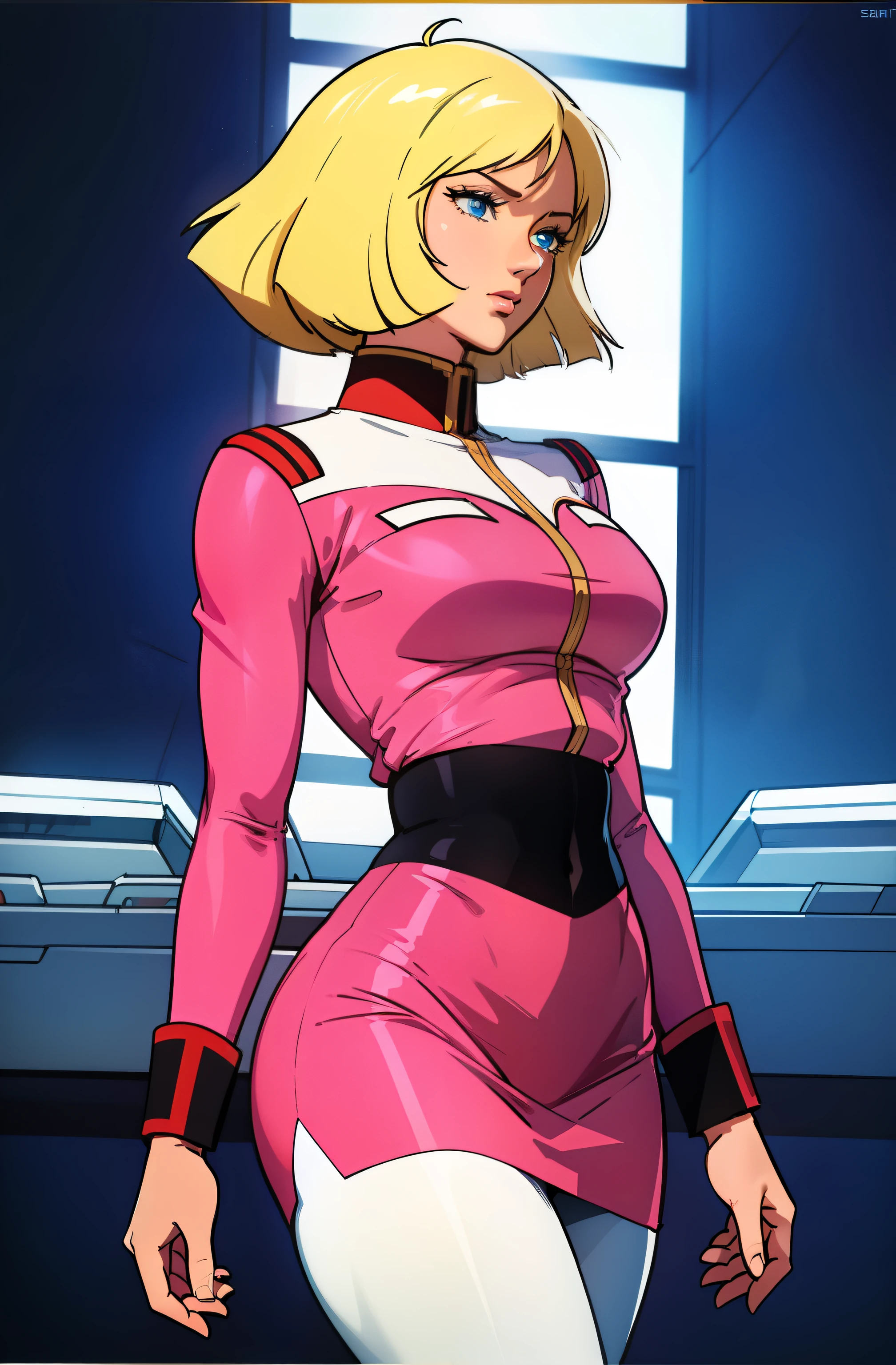 ((masterpiece)), ((cinematic lighting)), realistic photo、Real Images、Top image quality、1girl in, sayla mass, Elegant, masterpiece, Convoluted, slim arms, wide hips, thick thighs, thigh gaps, Best Quality, absurderes, high face detail, Perfect eyes, mature, Cowboy Shot, , Vibrant colors, soft pink uniform, soft pink Skirt, white tights, side view