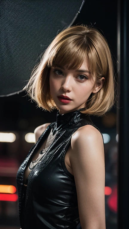 (Ultra-detailed eyes), (((textile shading))), (((Best Quality))), (((masterpiece))) sassy girl, (((realistic:1.3 ))), blonde hair, unusual Cyberpunk hairstyles choices, ((with bangs, gorgeous hair)), brown big eyes, (((retro futuristic sexy sensual seductive transparent grayish Outfits))), ((sensual seductive pose)), (gorgeous, sassy, it girl), fancy jewelry, in empty spooky night carnival ride in the city at night, strong night carnival scary atmosphere, strong night carnival spooky atmosphere, cowboy shot, midshot, centered image, eye on camera, racer first in line costume, carnival scary color, grayish Cyberpunk fashion choices