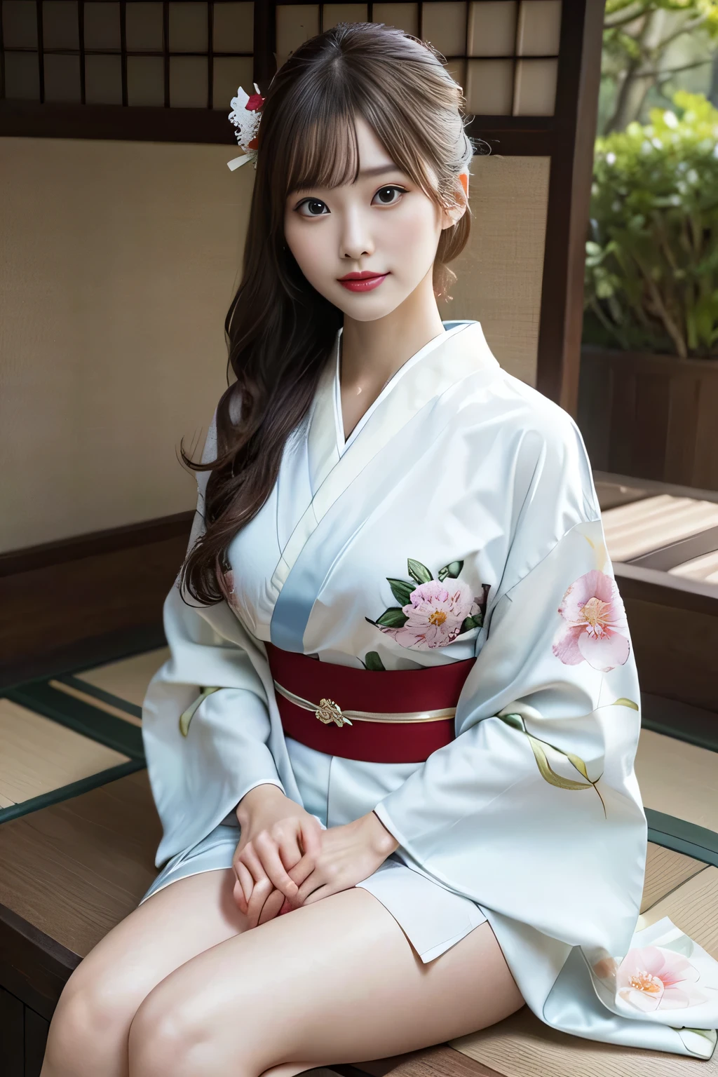 tits out、(Photorealsitic:1.4), (Top image quality:1.0), (超A high resolution:1.0), 8K, Raw photography, (masterpiece:0.2), (pureerosface_v1:0.5)、(Best Quality Detail:1.2)、realisitic、8K UHD、hight resolution、(1girl in:1.2)、The ultra-detailliert、High quality textures、intricate detaileicromini、thighs thighs thighs thighs、large full breasts、Wide open chest、detaileds、Very detailed CG、High quality shadows、Detail Beautiful delicate face、Detail Beautiful delicate eyes、depth of fields、Ray traching,1girl in, japanaese girl, Cute, slender, appearance々Kimono with design, Kimono with Japanese pattern,Floral scrunchie, Beautiful skin, Facing the front,Sit down, Sit upright and say thank you,Align your hands elegantly,Smile faintly The Land of Japan,Japanese garden,Luxury Japanese-style room, skyporn, Magic Hour, (Realistic:1.3), Finely detailed, quality, (masutepiece:1.2), (Photorealistic:1.2), (Best Quality), (Intricate details), Dramatic, Ray tracing, photograph, +Lola