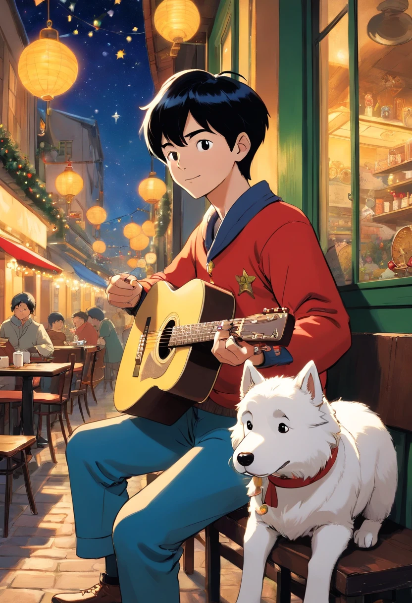 Very slick neat and short black hair 50 years old indonesian male, playing acoustic guitar, wearing Santa Claus suits, tintin, herge, with white malamute dog, european comics, Christmas night at cafe background