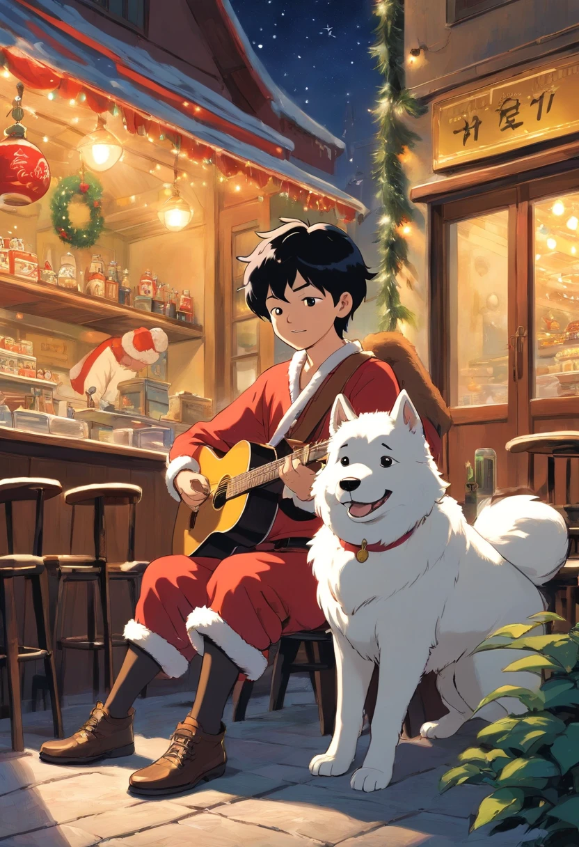 Very slick neat and short black hair 50 years old indonesian male, playing acoustic guitar, wearing Santa Claus suits, tintin, herge, with white malamute dog, european comics, Christmas night at cafe background