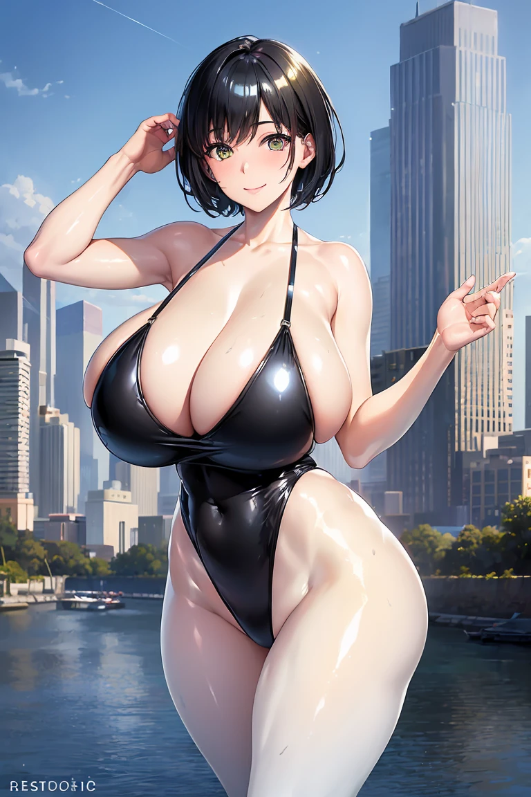 Best Quality, Masterpiece, High Resolution, (Photorealistic:1.4), (1 Girl), (Married Woman:1.2), Black Hair, Short Hair, Beautiful Eyes, Wide double eyelids, smile, (Huge breasts bigger than her head:1.5), (Curvy:1.4), (Glossy metallic competition swimsuit in dark random color, high leg), Are standing、(sunny:1.3), magic hour, Looking out the building at the landscape, (cityscape:1.5), (gleaming skin:1.8)