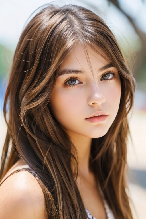 beautiful teenage woman with brown eyes and light brown hair, artist vibe to her, messy but stylish hairstyle,