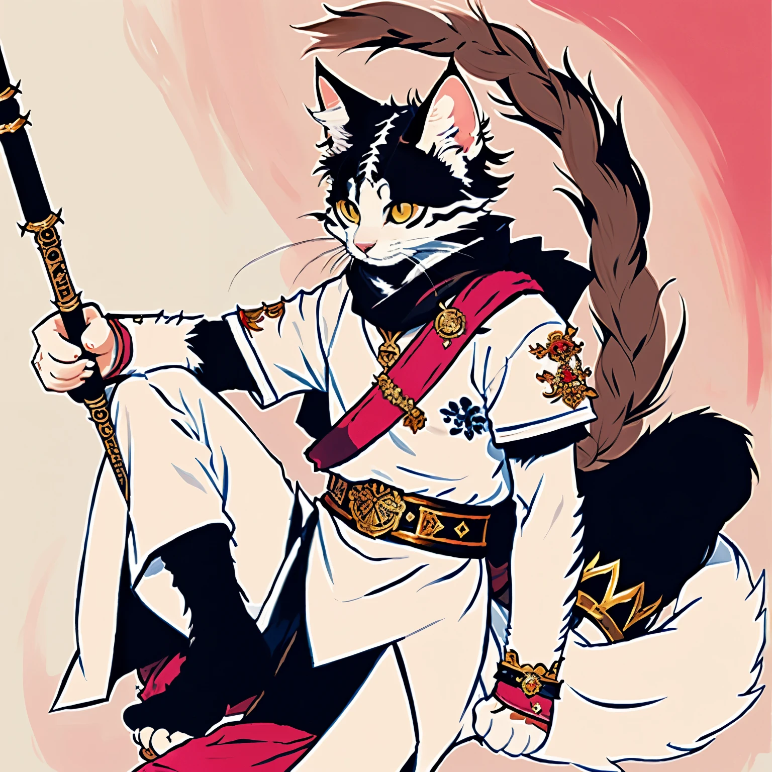 ((best quality)), ((masterpiece)), (detailed), Cat,Pink background,Dungeons & Dragons style clothing,Lots of accessories,male,Half Body,Cat Face,Non-human,LoRA Nijijourney V5 Furry Style,warrior,Relaxed reclining posture,Yasuo character style