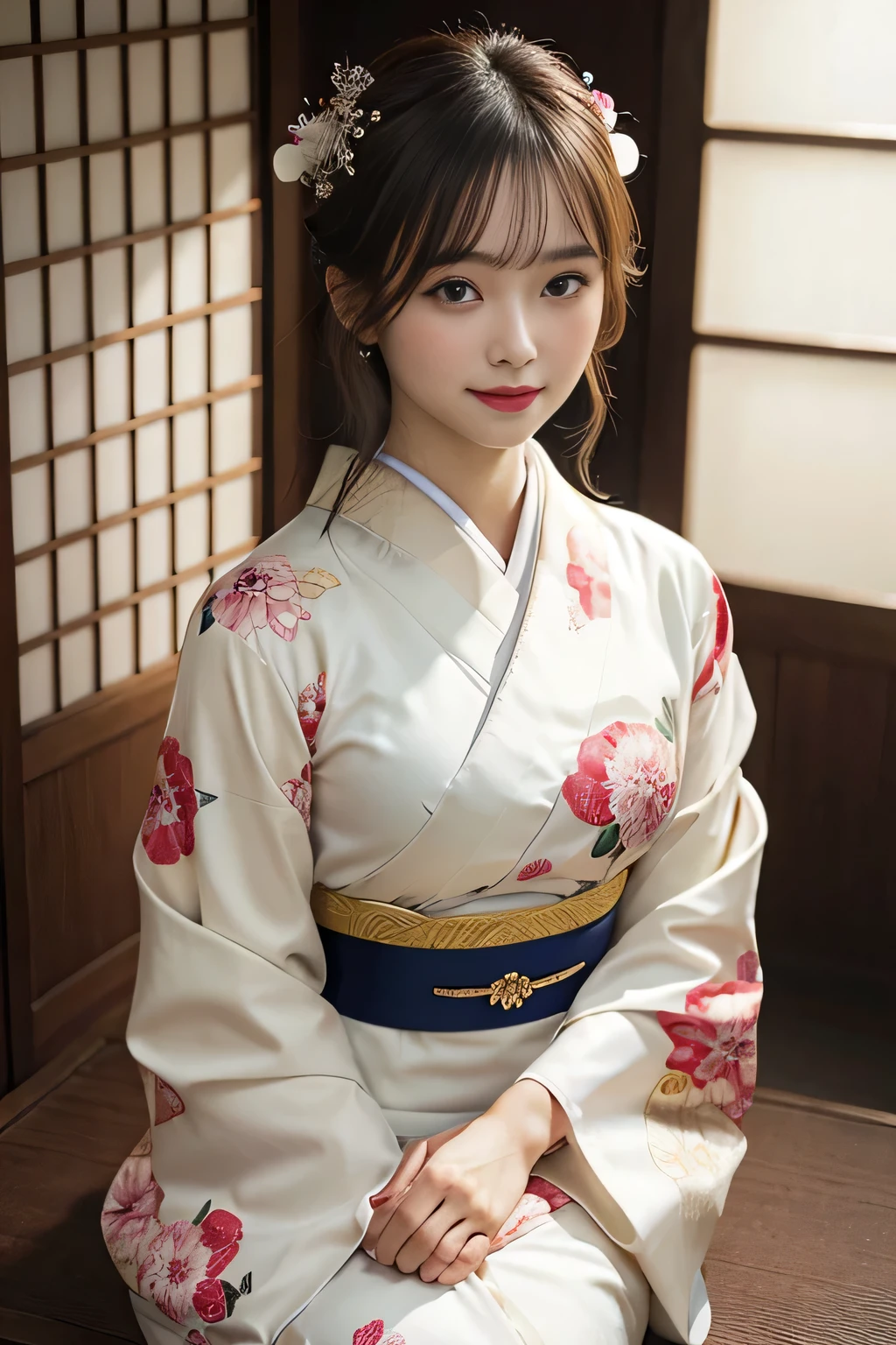 tits out、(Photorealsitic:1.4), (Top image quality:1.0), (超A high resolution:1.0), 8K, Raw photography, (​masterpiece:0.2), (pureerosface_v1:0.5)、(Best Quality Detail:1.2)、realisitic、8K UHD、hight resolution、(1girl in:1.2)、The ultra-detailliert、High quality textures、intricate detaileicromini、thighs thighs thighs thighs、large full breasts、Wide open chest、detaileds、Very detailed CG、High quality shadows、Detail Beautiful delicate face、Detail Beautiful delicate eyes、depth of fields、Ray traching,1girl in, japanaese girl, Cute, slender, appearance々Kimono with design, Kimono with Japanese pattern,Floral scrunchie, Beautiful skin, Facing the front,Sit down, Sit upright and say thank you,Align your hands elegantly,Smile faintly The Land of Japan,Japanese garden,Luxury Japanese-style room, skyporn, Magic Hour, (Realistic:1.3), Finely detailed, quality, (masutepiece:1.2), (Photorealistic:1.2), (Best Quality), (Intricate details), Dramatic, Ray tracing, photograph, +Lola
