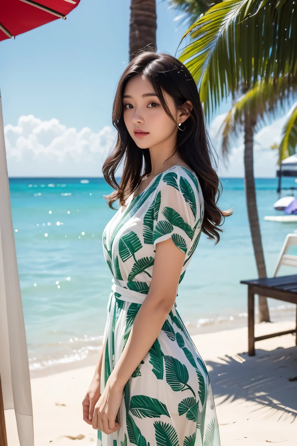 Beautiful woman wearing a neat, translucent short-sleeved dress with a green palm tree pattern at a beach club, Magazines, Wrist watches, Modest attire,