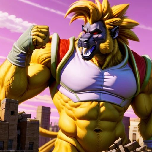 oozaru, bvegeta, yellow fur, long muzzle, gorilla, fauxhawk, prick ears, red eyes, glowing eyes, no pupils, no sclera, teeth, fangs, purple tongue, broad shoulders, frown, long muzzle, punch, impact, powerful, destruction, turn around, looking down, debris, thick arms, open mouth, macro, sunset, gloves:1.5, light purple face, chest armor:1.3, shoulder armor, nude, fist, building destruction, city destruction, three-quarter portrait, upper body, standing, abs, arm at side, (best quality,4k,8k,highres,masterpiece:1.2),ultra-detailed,(realistic,photorealistic,photo-realistic:1.37),vivid colors,studio lighting,highly detailed