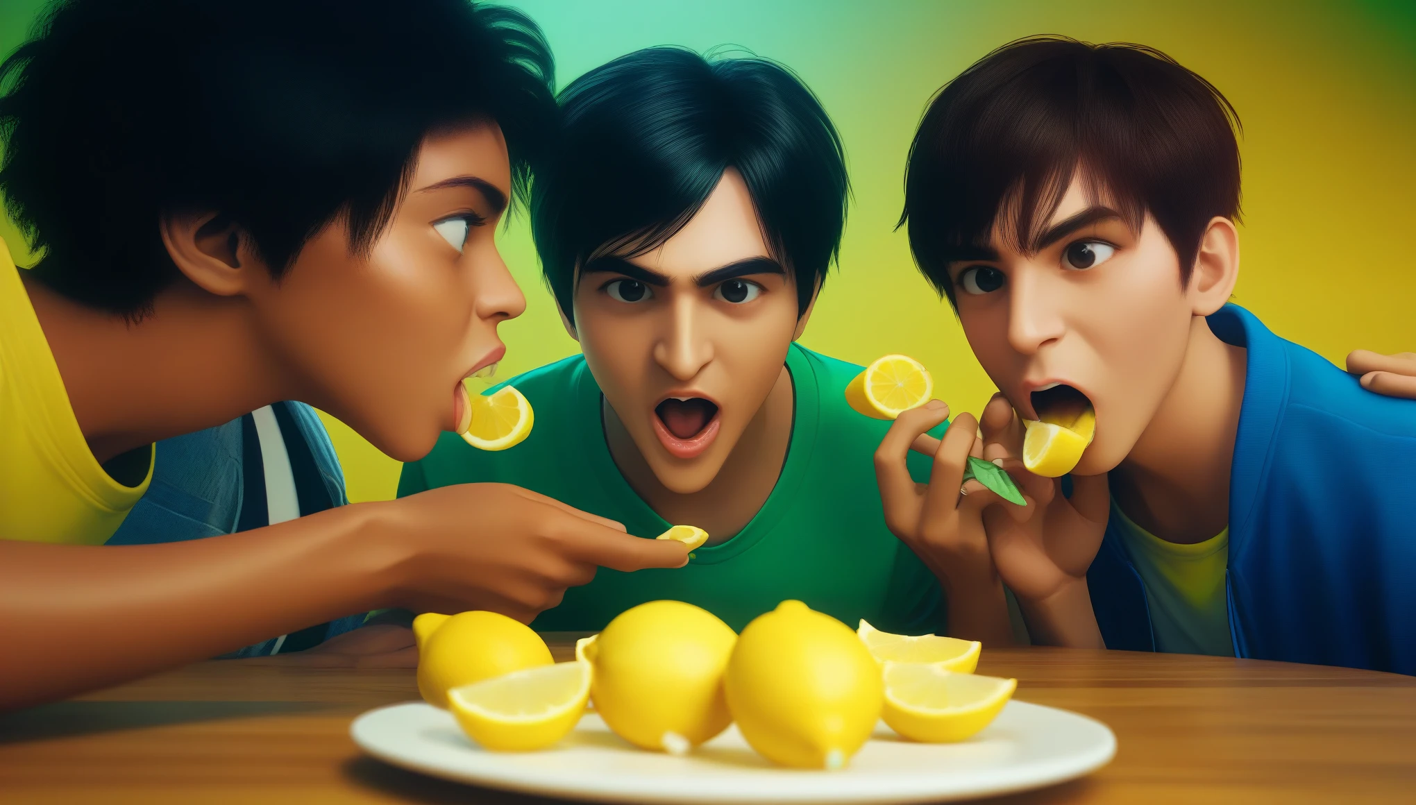 a group of friends participating in a lemon eating challenge, extremely detailed, photorealistic, cinematic lighting, dynamic composition, vibrant colors, lemon slices, intense expressions, competitive atmosphere, detailed facial features, detailed hands, detailed clothing, intricate background details, masterpiece