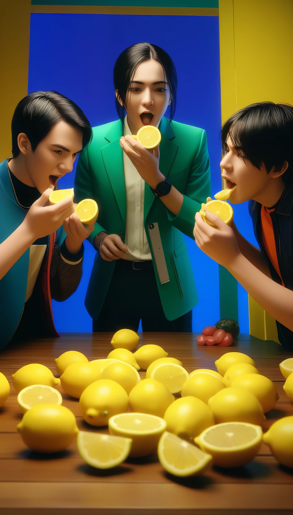 a group of friends participating in a lemon eating challenge, extremely detailed, photorealistic, cinematic lighting, dynamic composition, vibrant colors, lemon slices, intense expressions, competitive atmosphere, detailed facial features, detailed hands, detailed clothing, intricate background details, masterpiece