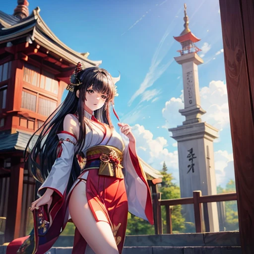 A black-haired woman wearing a shrine maiden outfit with leg slits