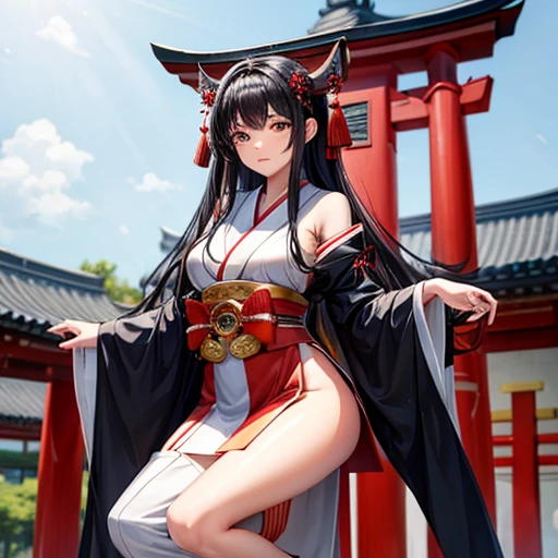 A black-haired woman wearing a shrine maiden outfit with leg slits