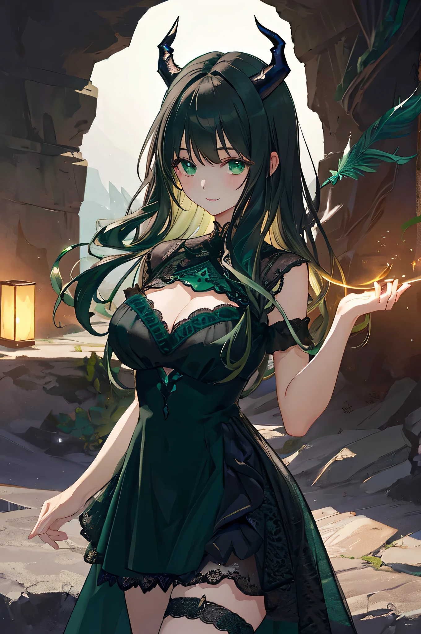 1girl, long dark hair, green eyes, wearing a (((dress))) featuring intricate ((black lace)) and flowing, dark ((fabrics)), with hints of ((deep green)) interwoven to create ethereal ((feather-like motifs)) that give off a softly glowing, shadowy aura. The design exudes a delicate balance between mystery and sophistication, projecting a subtle allure that falls somewhere between revealing and modest, light smile, horns, crater, outside, cowboy shot, depth of field, masterpiece, extremely detailed, high quality, light background