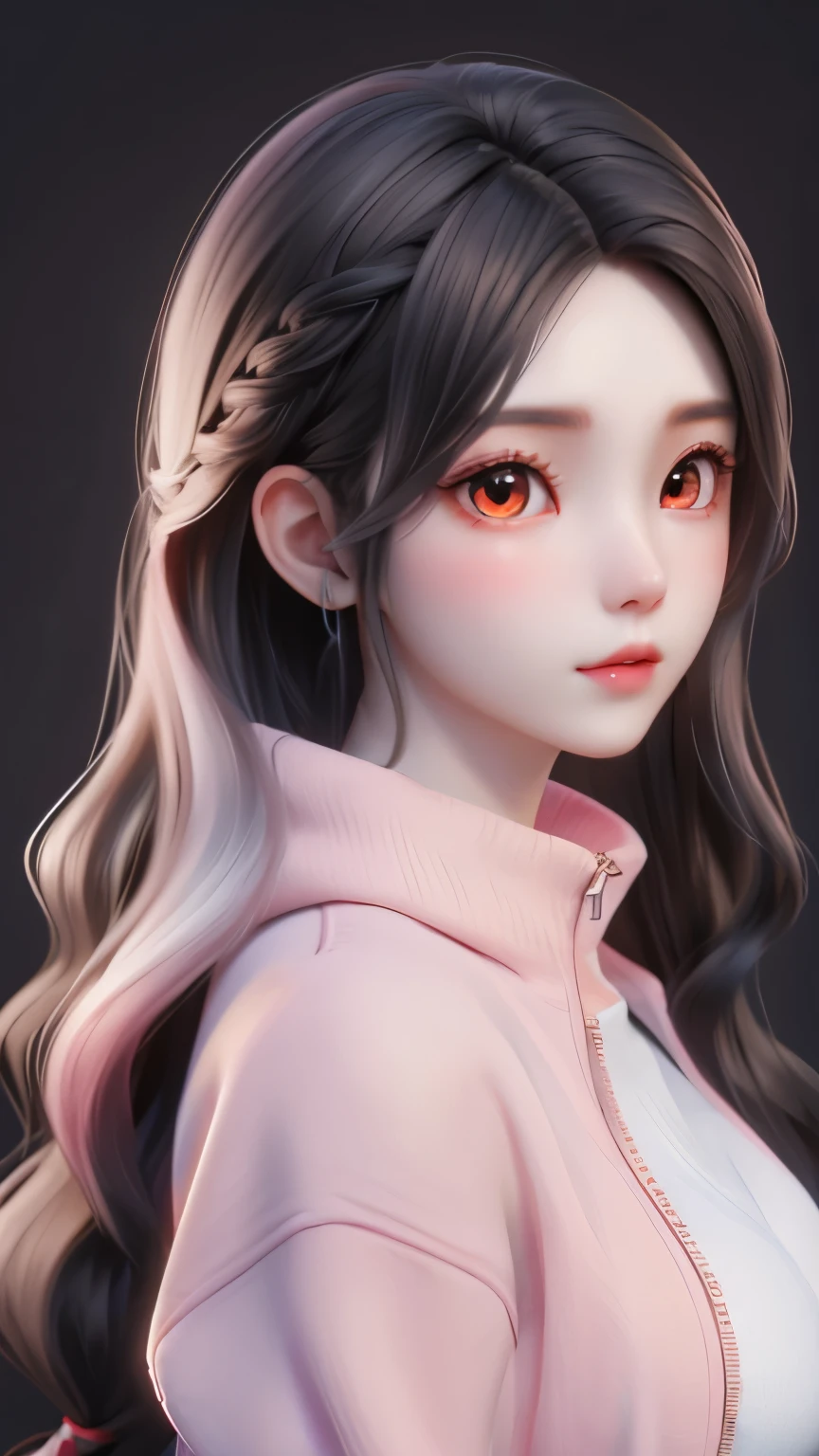 girl, black brown hair, red eyes, Sharp features, white skin, pink lips, long wavy hairstyle, big breasts, sweater, yellow jacket