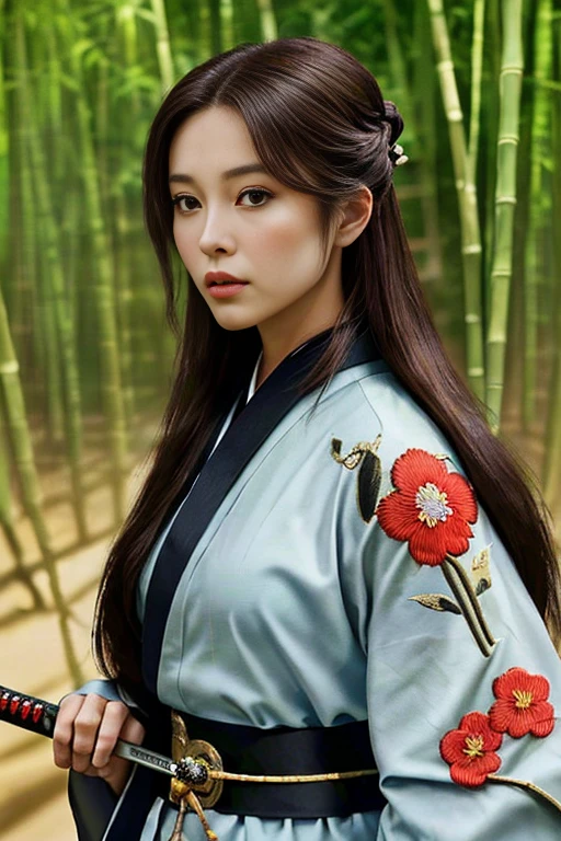 ((highest quality)), ((masterpiece)), (detailed), Perfect Face、Beautiful costumes(High-end kimono(Black kimono(Detailed embroidery)、Japanese sword、Bamboo grove、Brown Hair、A beautiful samurai woman in a kimono with long flowing hair, Capture strength and grace, Backgrounds that make your character stand out, Japanese sword, Courage and beauty、bamboo forest、Hold the sword、Hairstyle: Long hair、Brown Hair