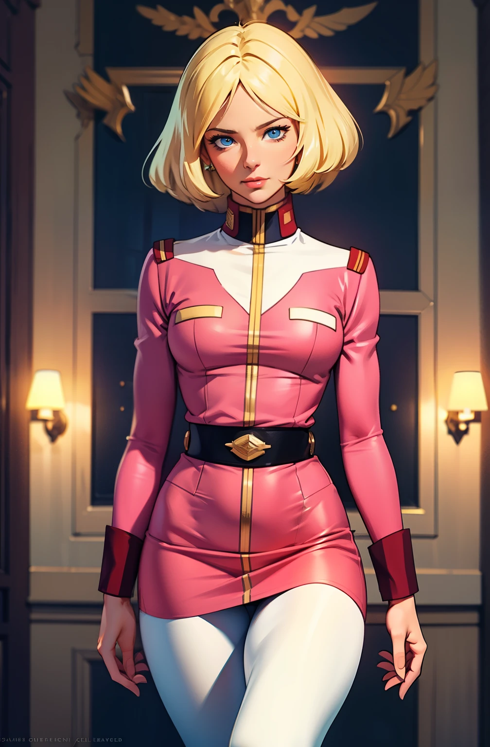 ((masterpiece)), ((cinematic lighting)), realistic photo、Real Images、Top image quality、1girl in, sayla mass, Elegant, masterpiece, Convoluted, slim arms, wide hips, thick thighs, thigh gaps, Best Quality, absurderes, high face detail, Perfect eyes, mature, Cowboy Shot, , Vibrant colors, soft pink uniform, soft pink Skirt, white tights
