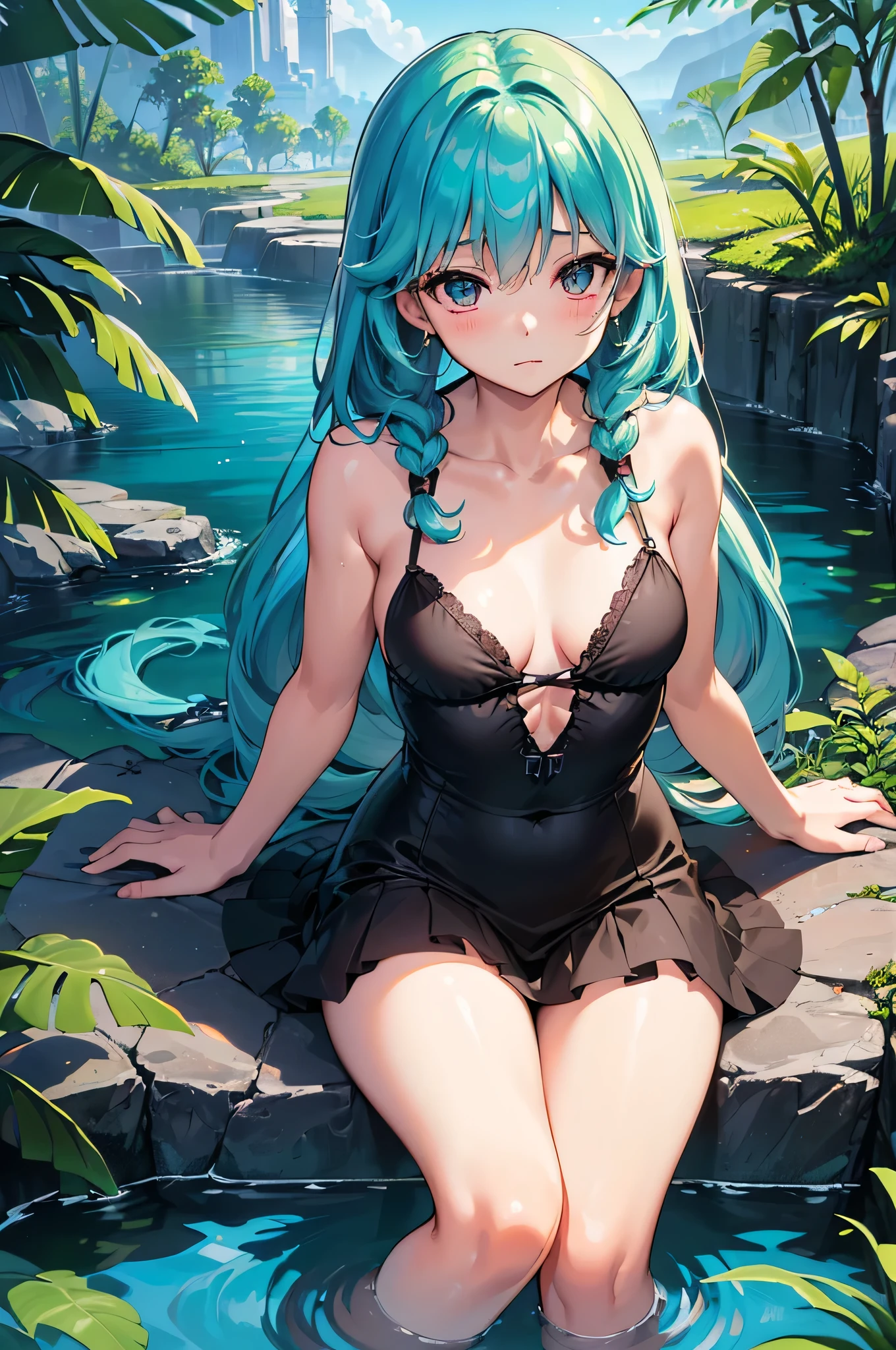 All realistic intricate details: "(medium shot, (1 girl only), Aqua COLOR hair, blush, perfect body, (mischievous expression), sitting near a cenote, clavicle, arcane, Micro Bikini, twin braids, dynamic poses, Side and natural lighting, In the background, a cenote in the middle of the jungle, (image captured with: Canon EOS R50 camera with Canon R50 RF-S 18-45mm IS STM lens))"