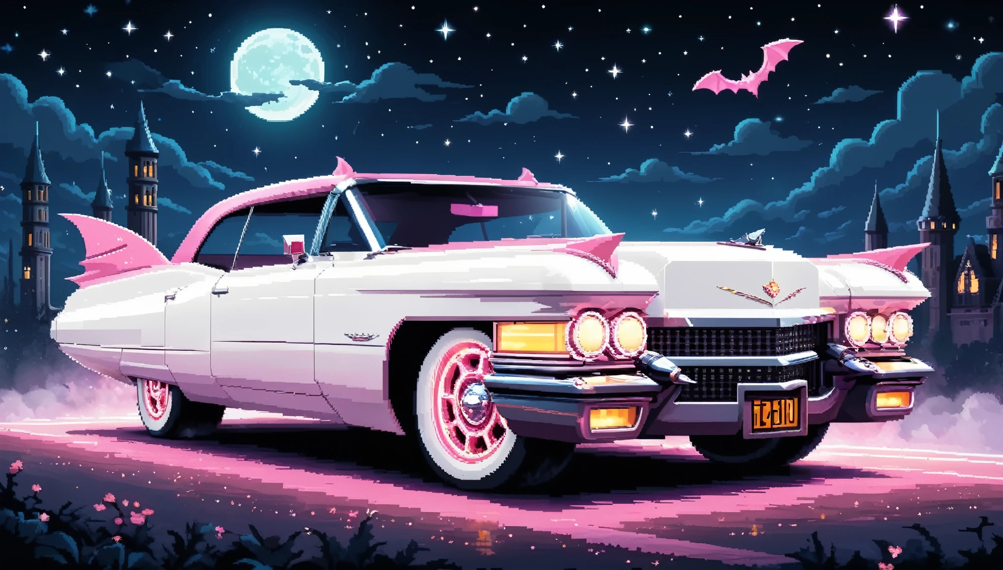 Bright epic professional (cute cartoon pixel illustration:1.2), (masterpiece in maximum 16K resolution, superb quality, ultra detailed:1.3), side view of a grand (bizarre:1.2) white-pink Cadillac with tall wheels and (sharp features, decorated with the bat symbol and folding roof), speeding amidst the silhouetted Gothic world of at ethereal night, sparkles.