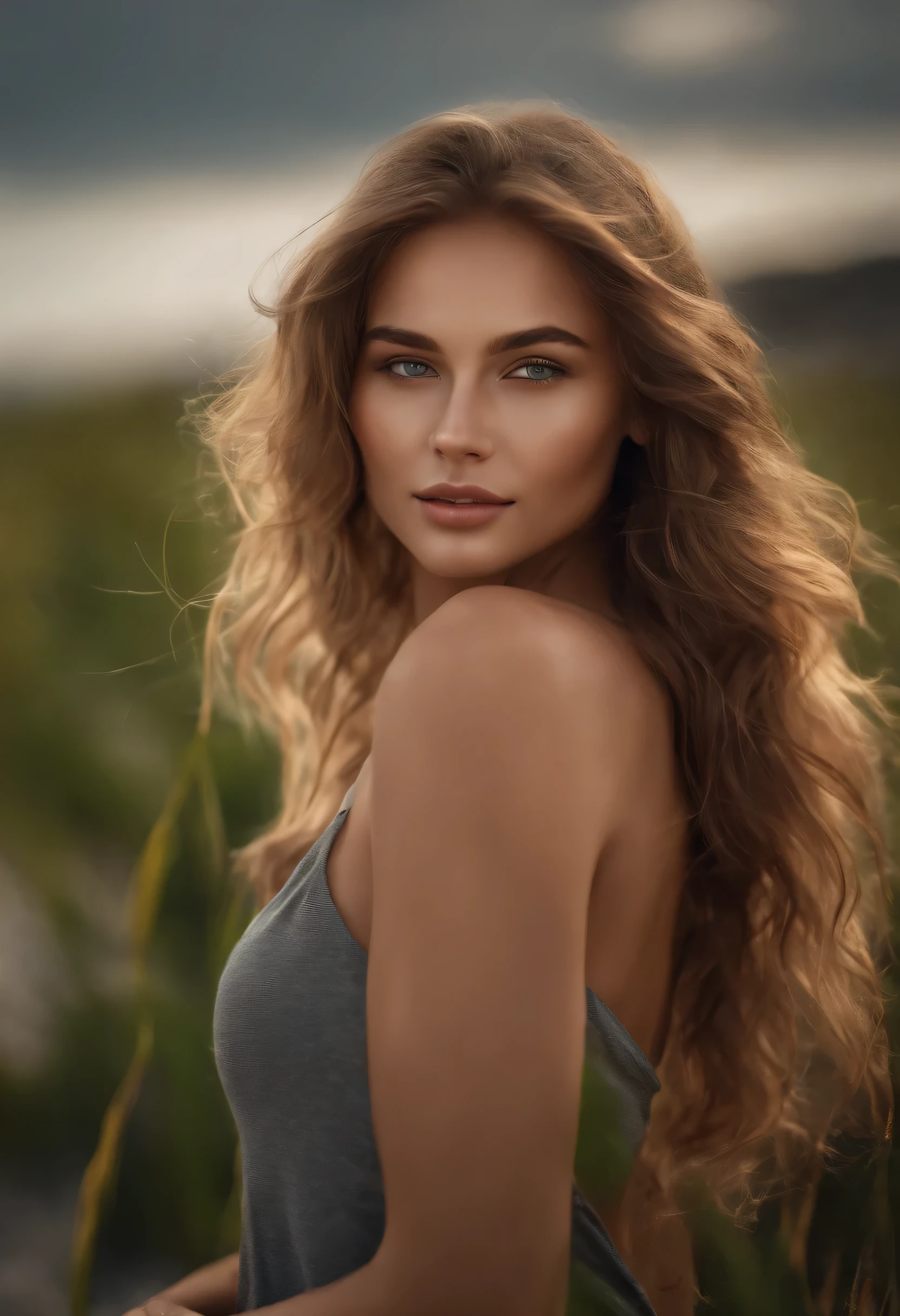 Cinematic soft lighting illuminates a beautiful, incredibly detailed and ultra-realistic Ukrainian supermodel, 21 anos de idade, look de praia, cabelo loiro escuro, longo, messy and windy, olhos verdes claros, sorriso perfeito cativante, sensual, mulher gostosa, Maravilhoso, what&#39;s trending on ArtStation. Octane is the perfect tool for capturing the softest details of this masterpiece of 16k photography.