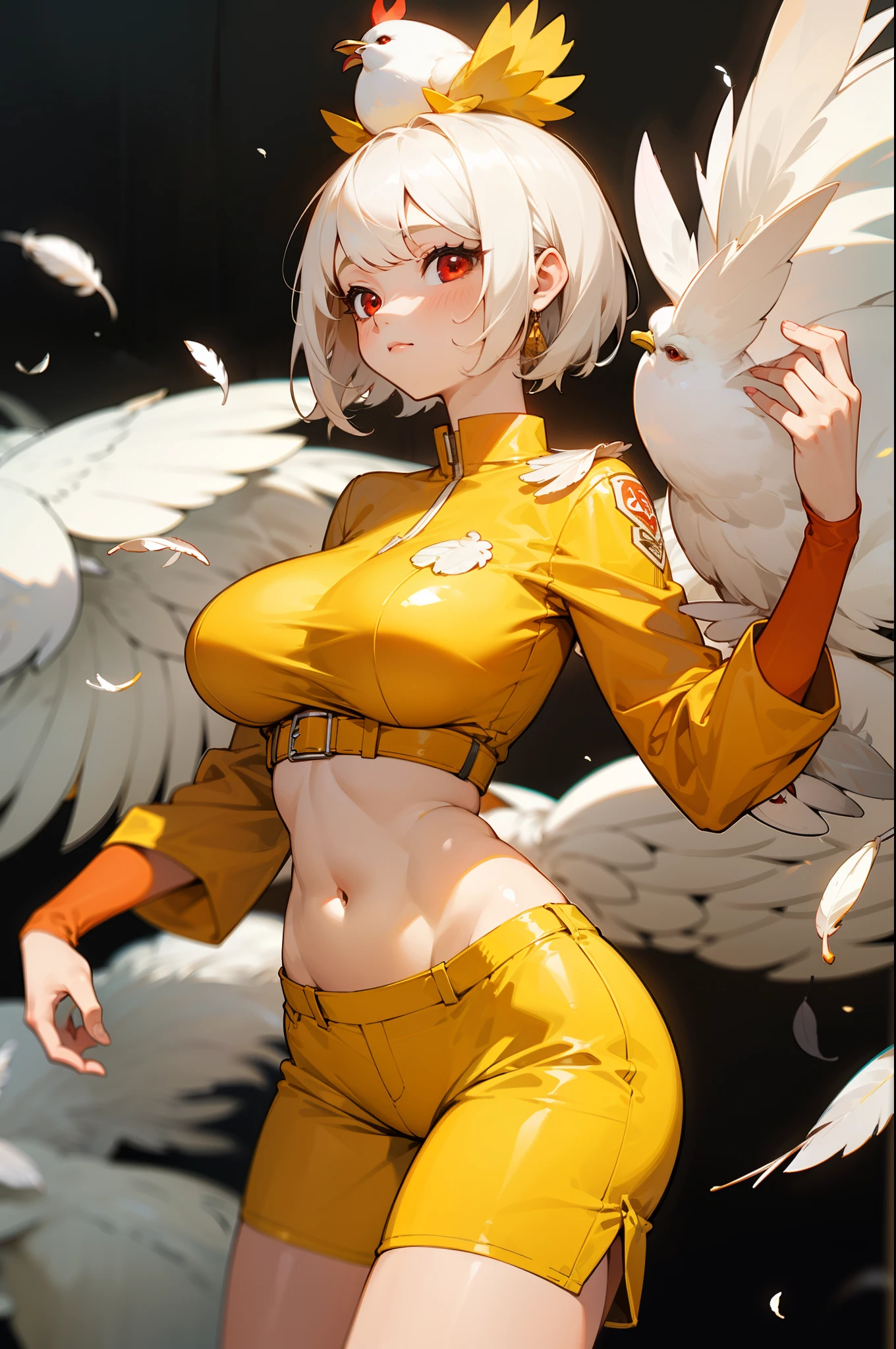girl, chicken, egg, feathers, chicken costume, big breasts, on her head are two feathers, short white hair, beautiful red eyes, yellow clothes, chicken costume, exposed belly, short pants,