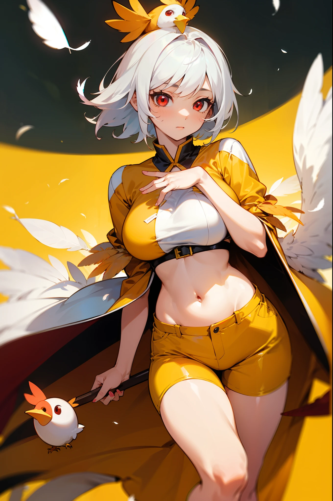 girl, chicken, egg, feathers, chicken costume, big breasts, on her head are two feathers, short white hair, beautiful red eyes, yellow clothes, chicken costume, exposed belly, short pants,