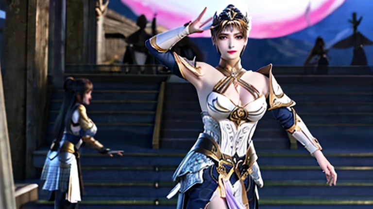 masterpiece、best quality、超high resolution、Realistic skin texture、Leather Armor、Bare 、Reality、high resolution、RAW photos、shiny skin、Realistic skin texture、Optimal lighting、shine、Dramatic Lighting、Dynamic poses、Greek temple background、Female warrior、Mysterious runes surround、arena、2 Girls、精致big eyes、Pink ribbon、Roman skirt、White Blonde Long Hair、High Ponytail、blue eyes、Clear eyes,look at the audience、 Large Breasts、, Solitary, 2 Girls, Pink Hair, Purple Eyes, short hair, Flowering, , Bikini, big eyes, , Black fishnet stockings,Make an action,